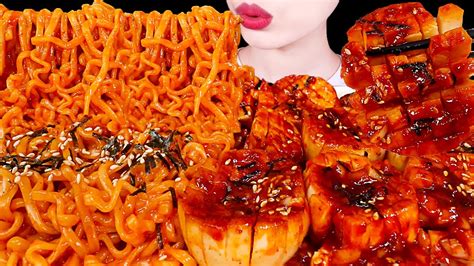 Asmr Mukbang｜spicy Fire Noodles King Oyster Mushrooms Scallops 불닭볶음면