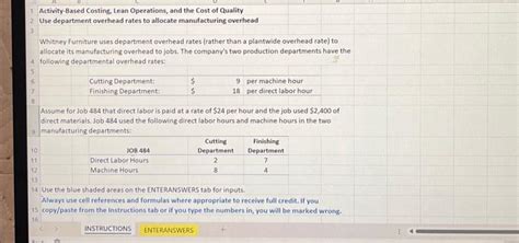 Solved Activity Based Costing Lean Operations And The Chegg