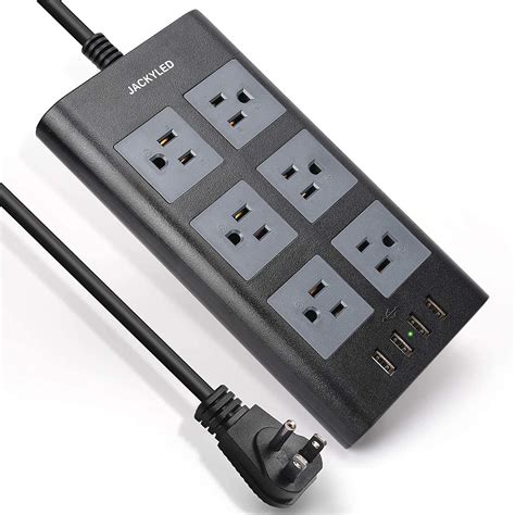 JACKYLED 9.8 Ft Flat Plug Power Strip, 3.1A 4 USB Ports 6 Outlets ...