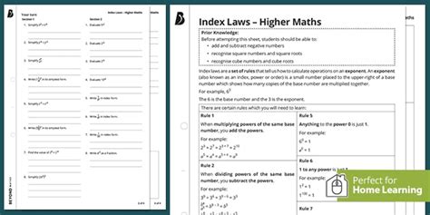 👉 Index Law Worksheet Home Learning Higher Level Maths