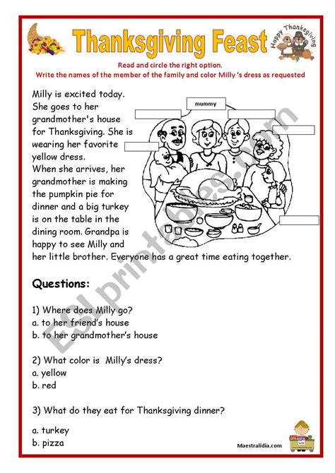 Thanksgiving Reading And Comprehension Esl Worksheet By Maestralidia