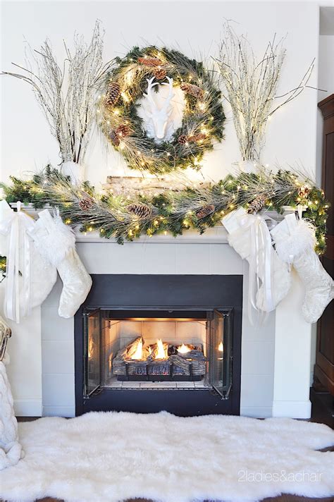 Rustic White Christmas Mantel With Birch Logs And Fairy Lights