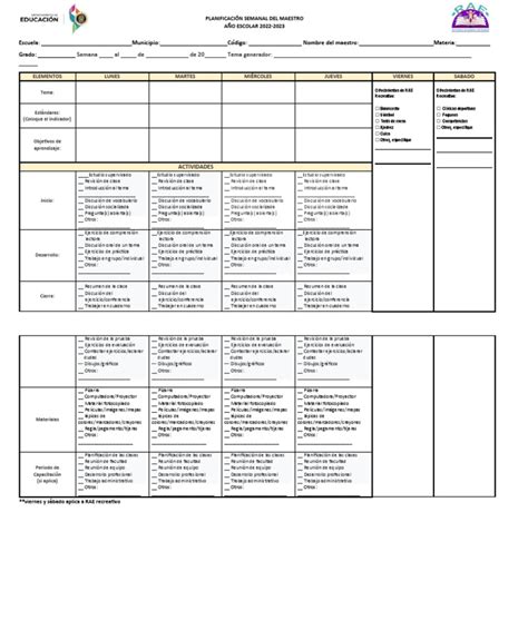 Planificación Semanal Del Maestro Rae 2022 2023 Pdf Aprendizaje