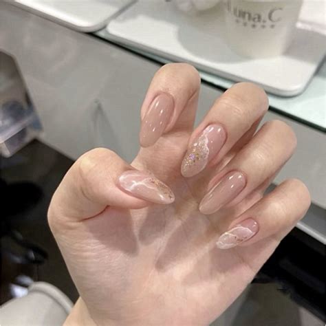 Piece Set Of Fake Nails Light Gray Nude Fake Nails Almond Fake Nails Set With Glue Shopee