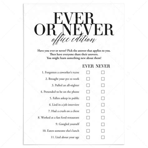 Ever or Never Office Party Icebreaker Game Printable | Instant Download