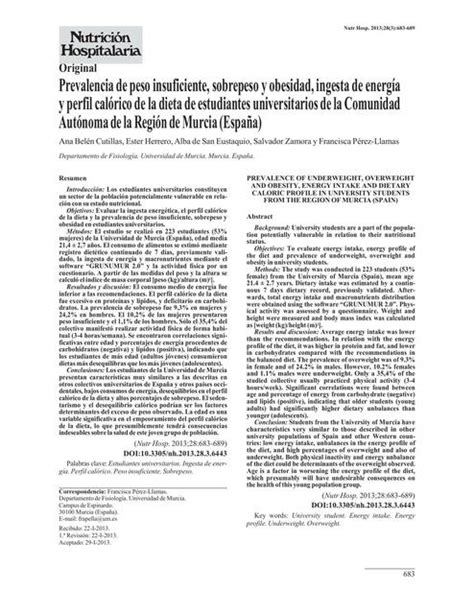 Prevalencia De Peso Insuficiente Sobrepeso Obesidad Ingesta De Energía Y Perfil Calórico