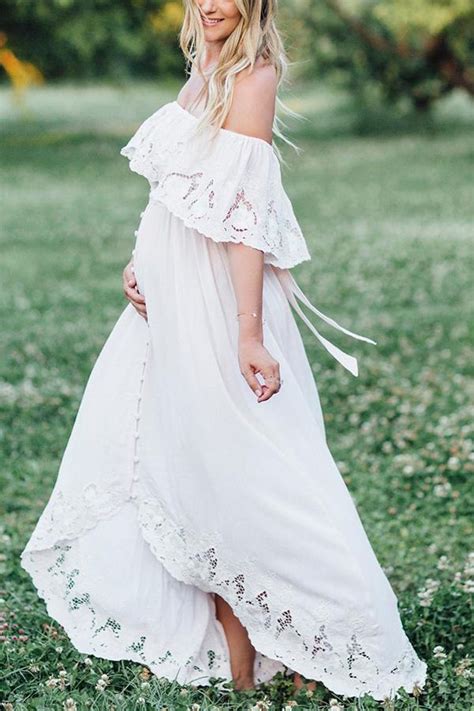 3699 Maternity Solid White Lace Off Shoulder Dress Photoshoot Dress Boho Maternity Dress