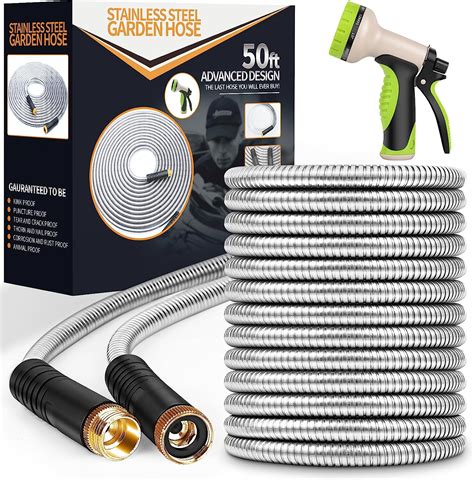 Garden Hose 50 Ft Stainless Steel Water Hose With 10 Function Nozzle