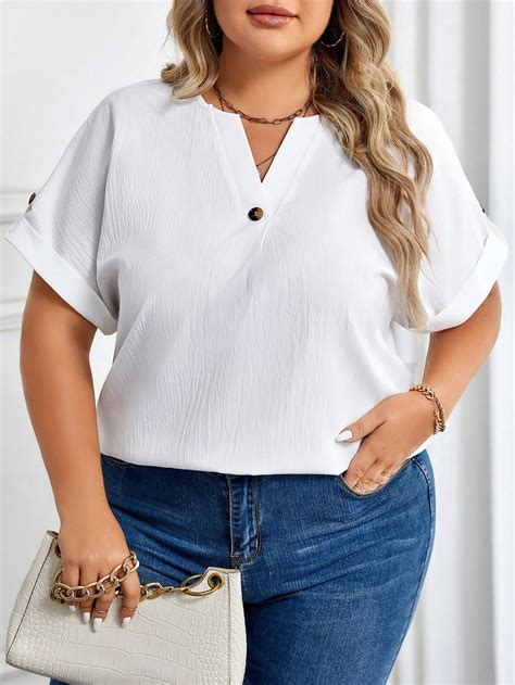 Shein Lune Plus Notched Neckline Batwing Sleeve Blouse For Sale