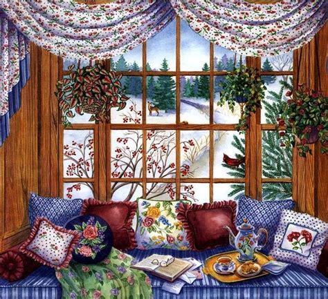 A Painting Of A Couch With Pillows And Flowers On It In Front Of A Window