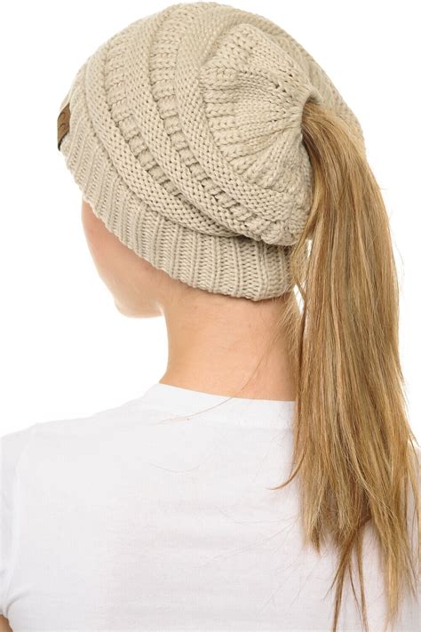 C C Beanietail Soft Stretch Cable Knit Messy High Bun Ponytail Beanie