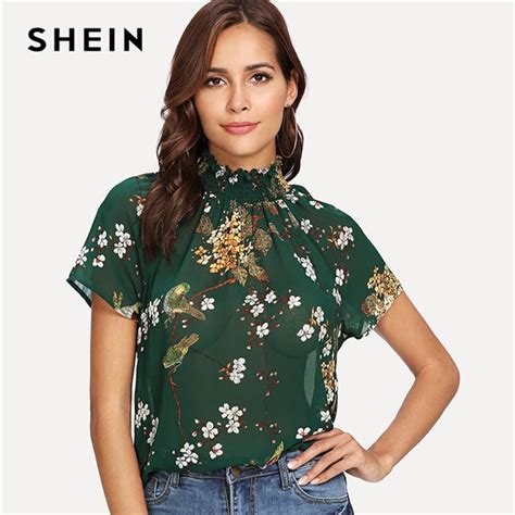 Aliexpress Buy Shein Green Elegant High Neck Raglan Short Sleeve