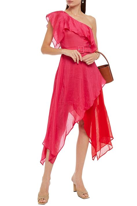 LEO LIN Passionate One Shoulder Asymmetric Two Tone Linen And Silk