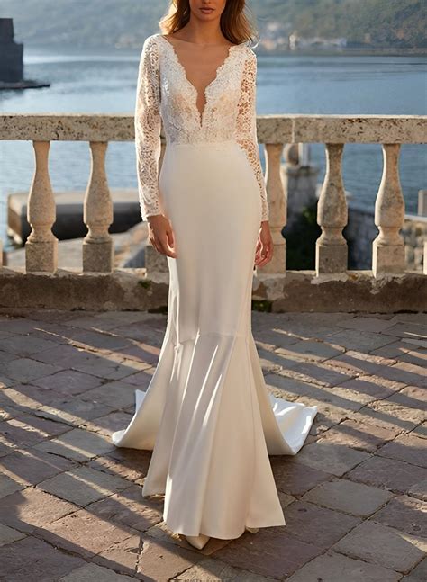 Trumpet Mermaid V Neck Long Sleeves Satin Lace Sweep Train Wedding