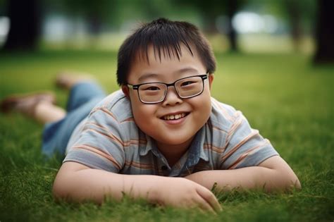 Premium Ai Image A Child Asian With Down Syndrome Walks In The Park