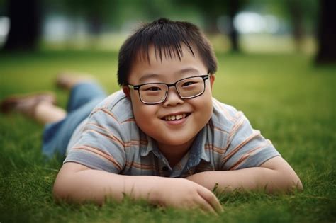 Un Enfant Asiatique Atteint Du Syndrome De Down Se Promène Dans Le Parc