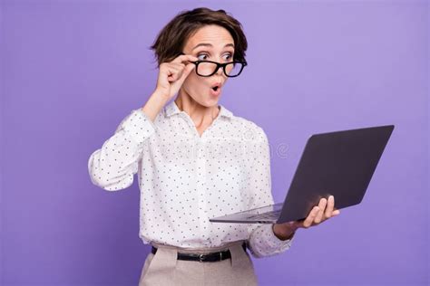 Portrait Of Nice Brunette Short Hair Impressed Lady Type Laptop Wear