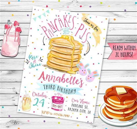 Pancakes Birthday Party Poster On A Wooden Table