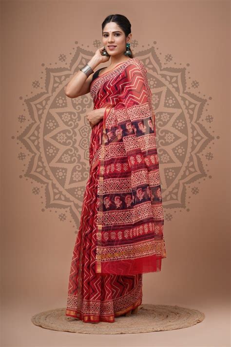 Red Hand Block Printed Kota Doria Saree 6 3 M With Blouse Piece