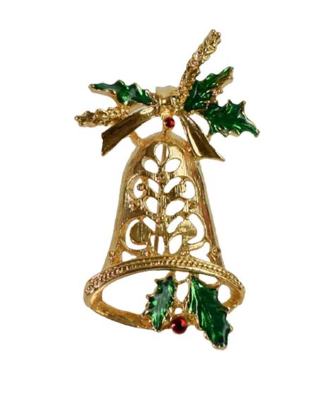 1990s Gerry Textured Gold Tone Red Green Enamel Christmas Holiday Bell Holly Vintage Figural Pin