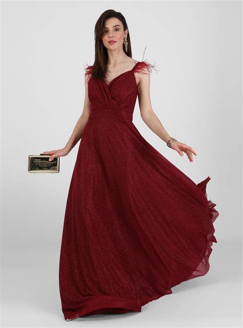 Fully Lined Maroon V Neck Collar Evening Dresses