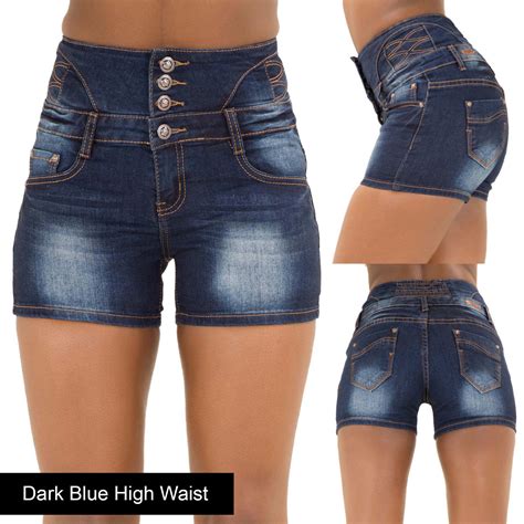 New Ladies Womens Blue Denim Shorts High Waisted Ripped Sexy Hotpants