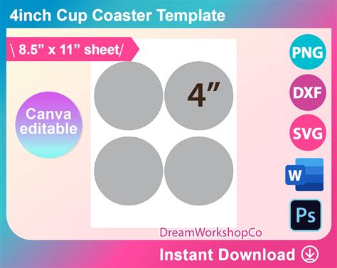 4inch Cup Coaster Template Coaster Template SVG DXF Canva Etsy