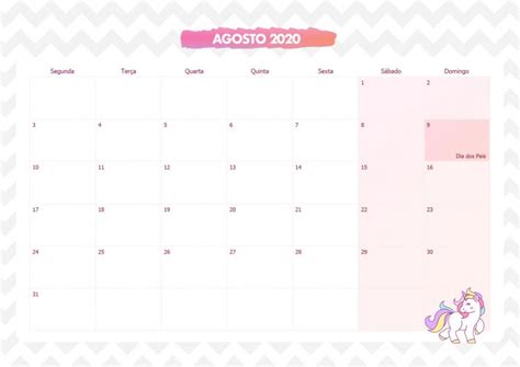 Calendario Mensal Unicornio Rosa Agosto Fazendo A Nossa Festa