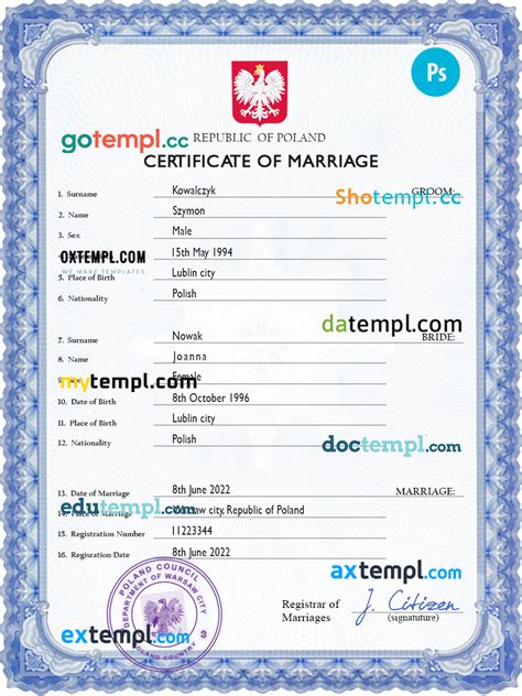 Poland Marriage Certificate Psd Fake Template Completely Editable