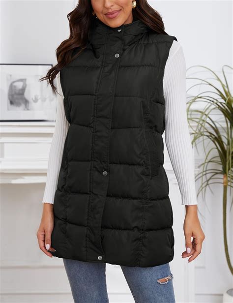 Gihuo Womens Long Puffer Vest Winter Quilted Hooded Long Vest Large Black