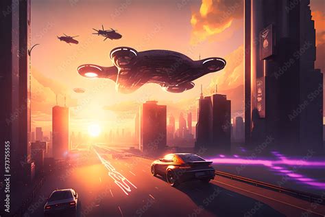 Futuristic Flying Aircraft Hovering Over A Future City With