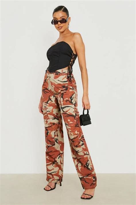 High Waisted Camo Print Cargo Pants Boohoo Uk