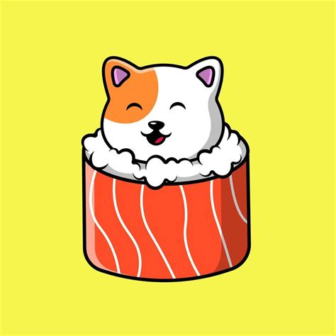 Cute Cat In Sushi Salmon Roll Cartoon Vector Icons Illustration Flat