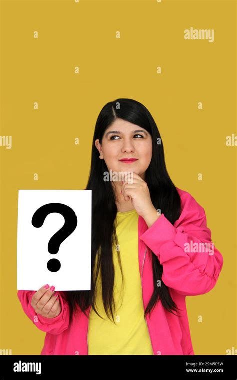 Latina Year Old Woman Shows Sign For Messages With Question Mark For Doubts And Issues Looks