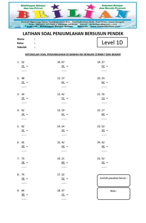 Penjumlahan Bersusun Panjang Dan Bersusun Pendek Matematika Kelas 1 Sd