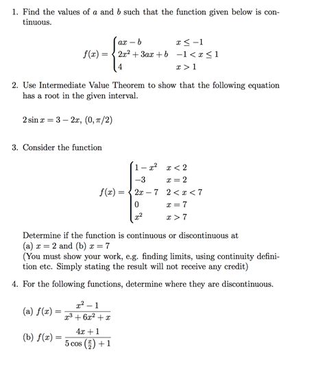 Solved 1 Find The Values Of A And B Such That The Function Chegg