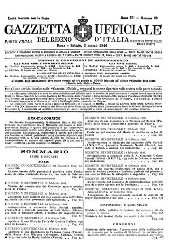 Gazzetta Ufficiale Del Regno Ditalia Del 1946 03 02 N 052 Free