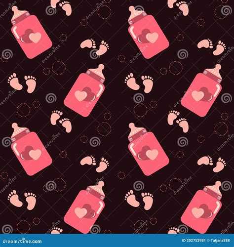 Seamless Pattern With Funny And Cute Baby Feet Baby Bottles And