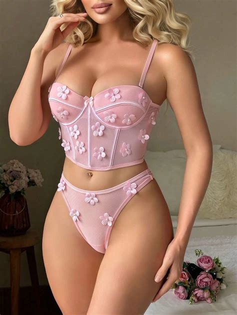 Appliques Mesh Underwire Bra Panty Lingerie Set SHEIN USA