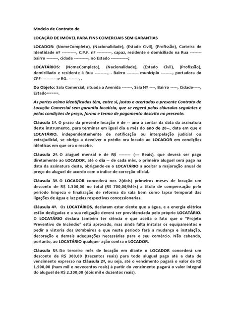 Modelo De Contrato De Locação De Imóvel Para Fins Comerciais Sem Garantias Aluguel Economias