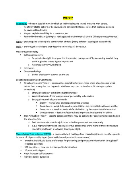 MGMT 211 Exam Notes Wk 2 4 7 WEEK 2 Personality The Sum Total