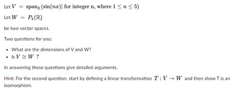 Solved Let V SpanR Sin Nx For Integer N Where 1n5 Let Chegg