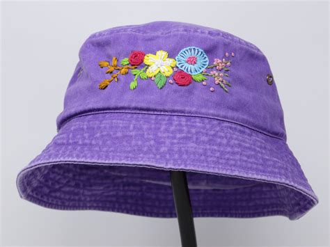 Washed Cotton Bucket Hat Hand Embroidered Flower Cap Short Etsy