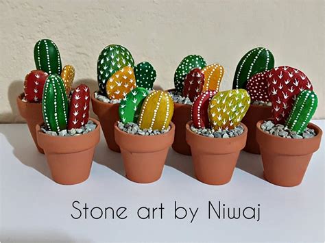 Handpainted Cactus Stone Painted Rock Floral Decor Green Fake