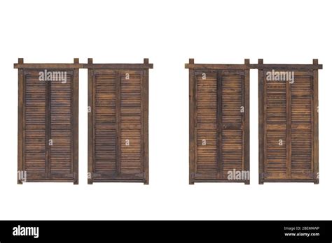 Rustic Brown Wooden Window Shutters Isolated On White Background Stock