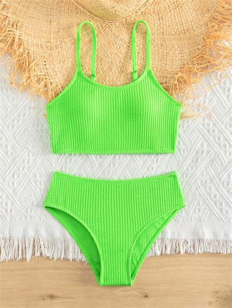 Tween Girl Plain Ribbed Knit Bikini Swimsuit Shein Usa