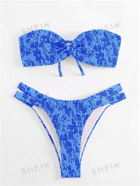 SHEIN Swim Mod Conjunto De Bikini De Bandeau Envolvente Con Estampado