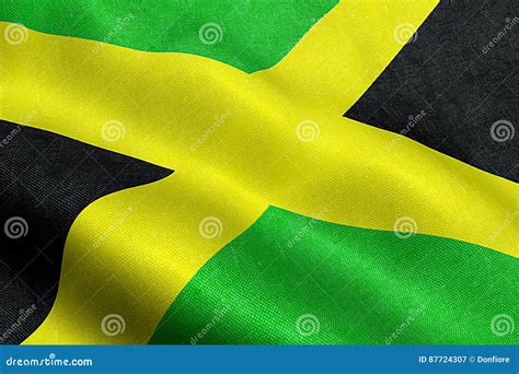 Closeup Of Waving Jamaica Flag Cross Stripes National Symbol Of