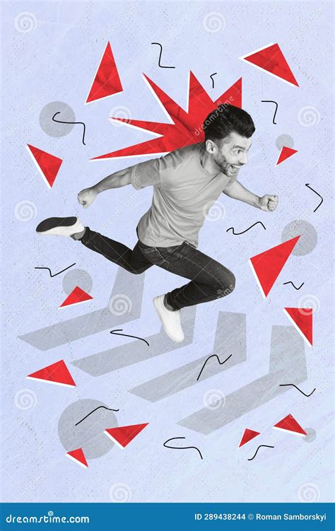 Vertical Collage Image Of Cheerful Black White Effect Guy Running Fast