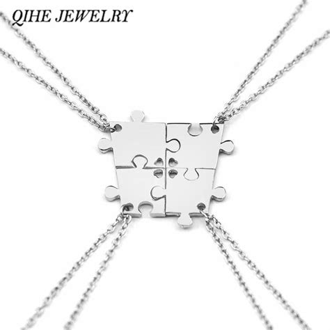 Qihe Jewelry 4 Pieces Silver Color Interlocking Jigsaw Puzzle Pendants